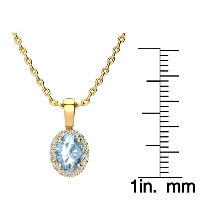 1 Carat Oval Shape Blue Topaz and Halo Diamond Necklace In 14 Karat Yellow Gold With 18 Inch Chain