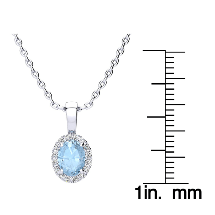 Aquamarine Necklace: Aquamarine Jewelry: 0.90 Carat Oval Shape Aquamarine and Halo Diamond Necklace In 14 Karat White Gold With 18 Inch Chain