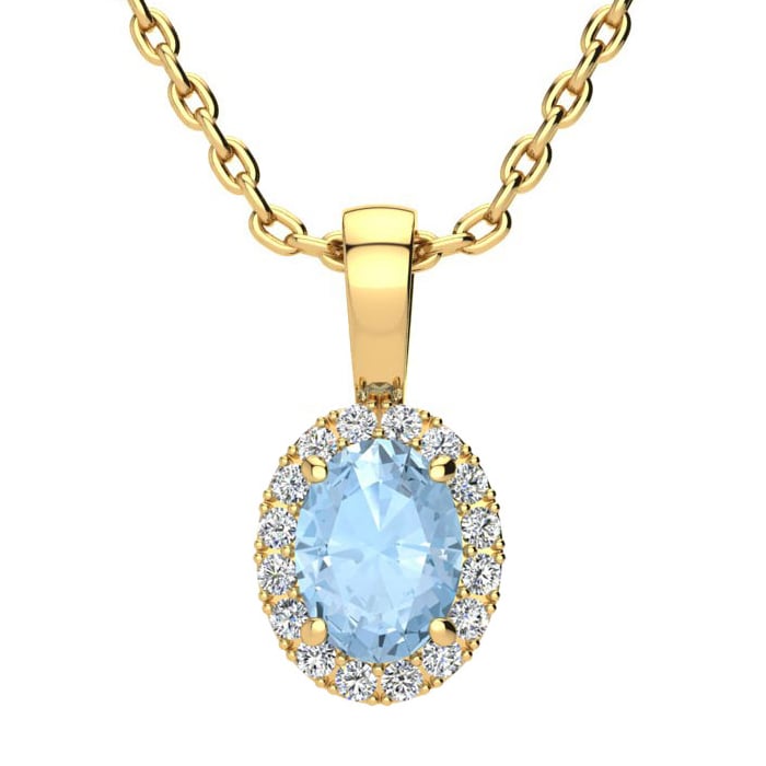 Aquamarine Necklace: Aquamarine Jewelry: 0.90 Carat Oval Shape Aquamarine and Halo Diamond Necklace In 14 Karat Yellow Gold With 18 Inch Chain