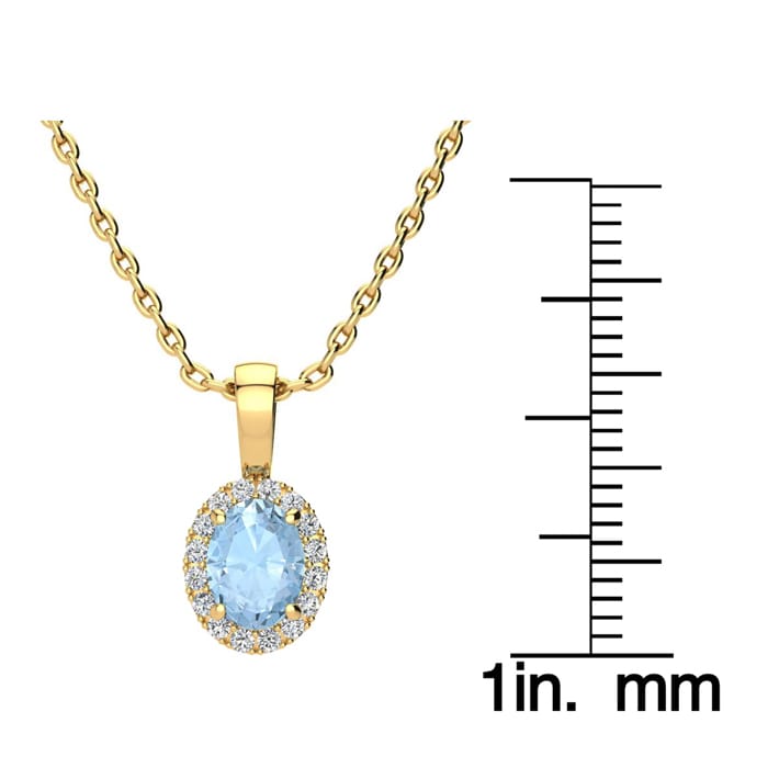 Aquamarine Necklace: Aquamarine Jewelry: 0.90 Carat Oval Shape Aquamarine and Halo Diamond Necklace In 14 Karat Yellow Gold With 18 Inch Chain