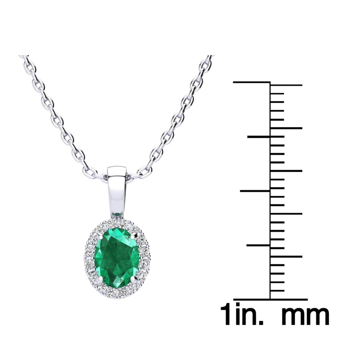 9/10 Carat Oval Shape Emerald Necklaces With Diamond Halo In 14 Karat White Gold, 18 Inch Chain