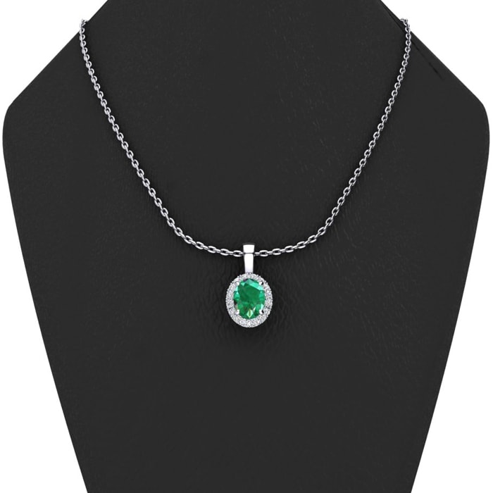 9/10 Carat Oval Shape Emerald Necklaces With Diamond Halo In 14 Karat White Gold, 18 Inch Chain