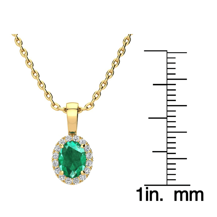 9/10 Carat Oval Shape Emerald Necklaces With Diamond Halo In 14 Karat Yellow Gold, 18 Inch Chain