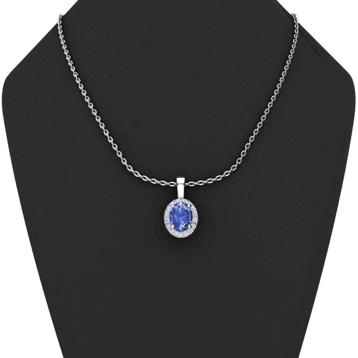 1 Carat Oval Shape Tanzanite and Halo Diamond Necklace In 14 Karat White Gold With 18 Inch Chain