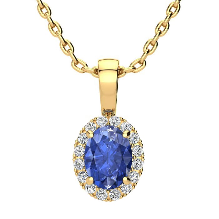 1 Carat Oval Shape Tanzanite and Halo Diamond Necklace In 14 Karat Yellow Gold With 18 Inch Chain