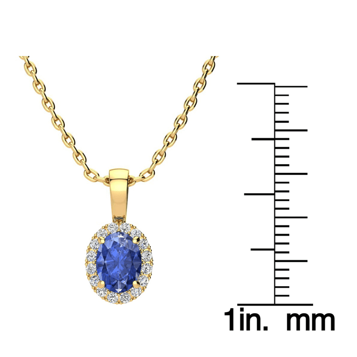 1 Carat Oval Shape Tanzanite and Halo Diamond Necklace In 14 Karat Yellow Gold With 18 Inch Chain