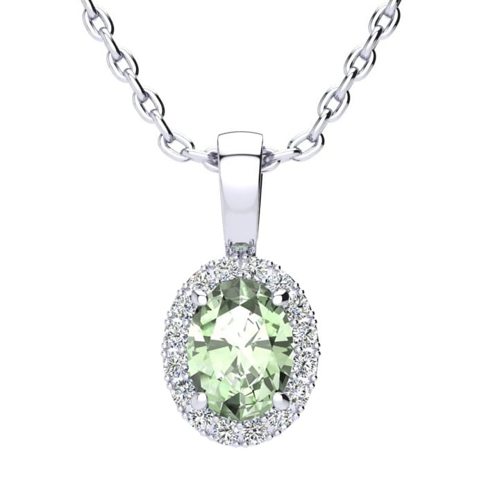 3/4 Carat Oval Shape Green Amethyst and Halo Diamond Necklace In 14 Karat White Gold With 18 Inch Chain