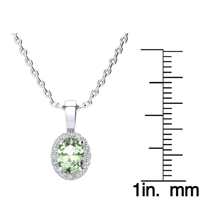 3/4 Carat Oval Shape Green Amethyst and Halo Diamond Necklace In 14 Karat White Gold With 18 Inch Chain
