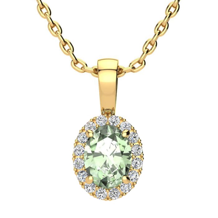 3/4 Carat Oval Shape Green Amethyst and Halo Diamond Necklace In 14 Karat Yellow Gold With 18 Inch Chain