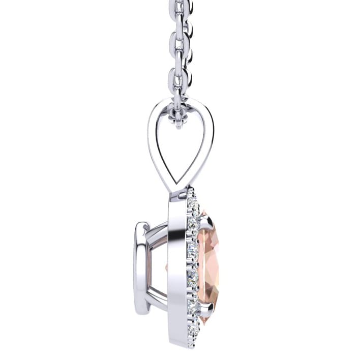 9/10 Carat Oval Shape Morganite Necklace with Diamond Halo In 14 Karat White Gold With 18 Inch Chain