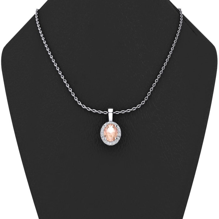 9/10 Carat Oval Shape Morganite Necklace with Diamond Halo In 14 Karat White Gold With 18 Inch Chain
