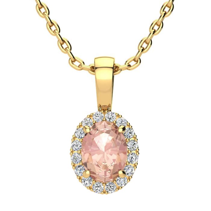 9/10 Carat Oval Shape Morganite Necklace with Diamond Halo In 14 Karat Yellow Gold With 18 Inch Chain