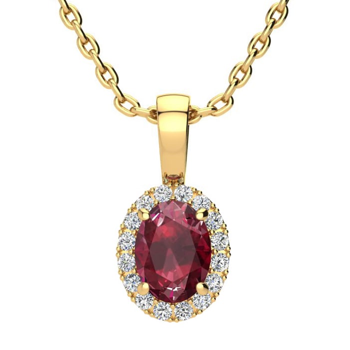 1 Carat Oval Shape Ruby and Halo Diamond Necklace In 14 Karat Yellow Gold With 18 Inch Chain
