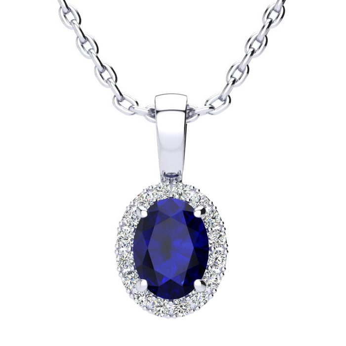 1 Carat Oval Shape Sapphire and Halo Diamond Necklace In 14 Karat White Gold With 18 Inch Chain