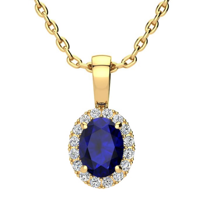 1 Carat Oval Shape Sapphire and Halo Diamond Necklace In 14 Karat Yellow Gold With 18 Inch Chain