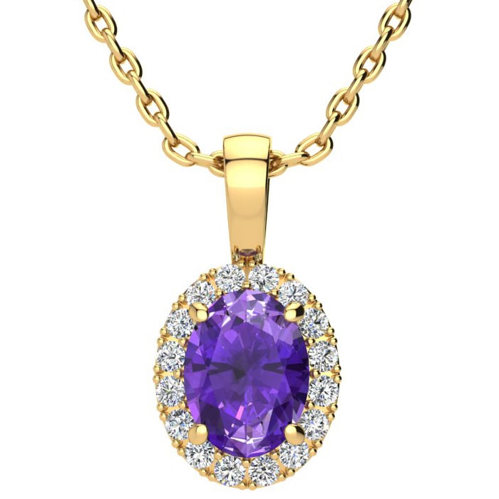 1 1/4 Carat Oval Shape Amethyst and Halo Diamond Necklace In 14 Karat Yellow Gold With 18 Inch Chain