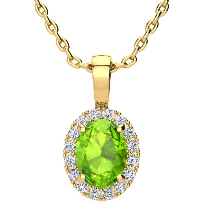 1 1/2 Carat Oval Shape Peridot and Halo Diamond Necklace In 14 Karat Yellow Gold With 18 Inch Chain
