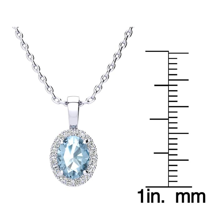 1 1/2 Carat Oval Shape Blue Topaz and Halo Diamond Necklace In 14 Karat White Gold With 18 Inch Chain