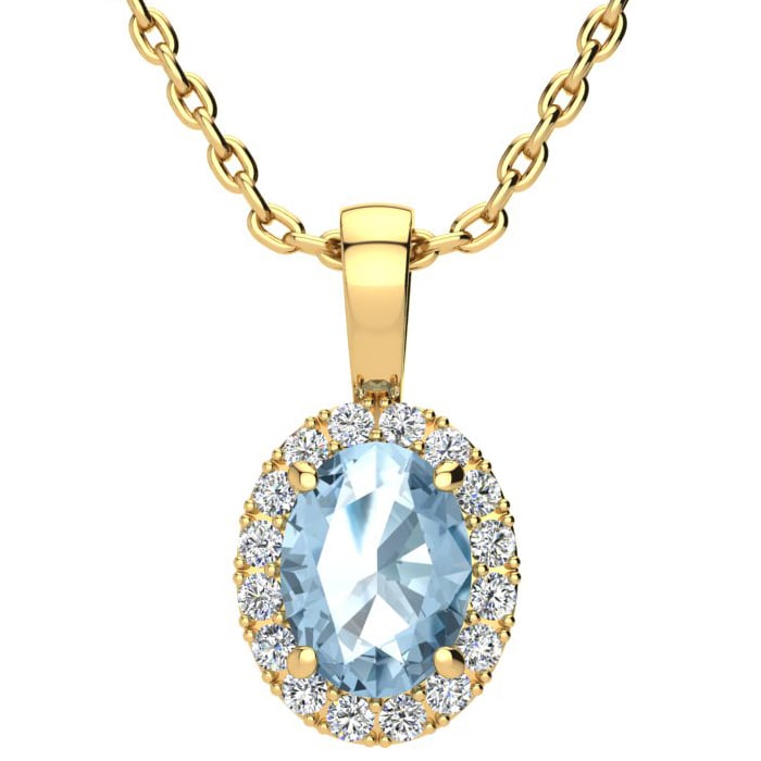 1 1/2 Carat Oval Shape Blue Topaz and Halo Diamond Necklace In 14 Karat Yellow Gold With 18 Inch Chain