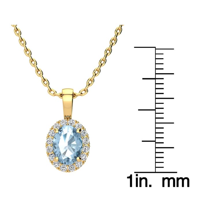 1 1/2 Carat Oval Shape Blue Topaz and Halo Diamond Necklace In 14 Karat Yellow Gold With 18 Inch Chain
