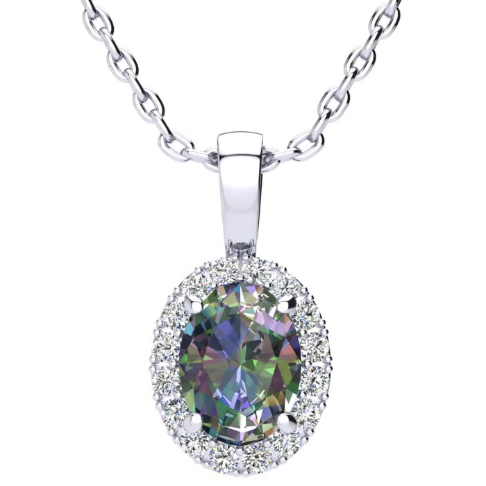 1-1/2 Carat Oval Shape Mystic Topaz Necklace With Diamond Halo In 14 Karat White Gold, 18 Inches