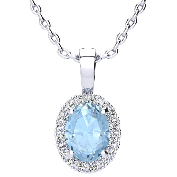 Aquamarine Necklace: Aquamarine Jewelry: 1 1/3 Carat Oval Shape Aquamarine and Halo Diamond Necklace In 14 Karat White Gold With 18 Inch Chain
