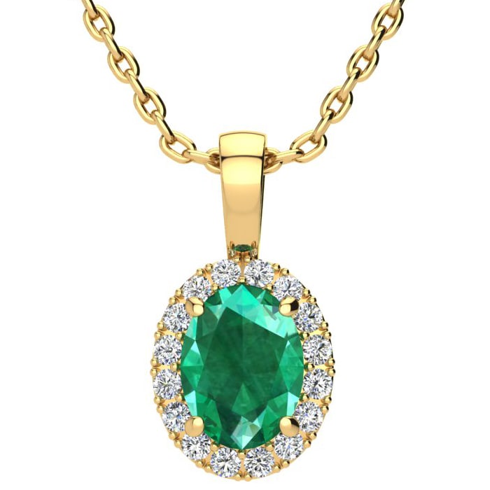 1-1/3 Carat Oval Shape Emerald Necklaces With Diamond Halo In 14 Karat Yellow Gold, 18 Inch Chain