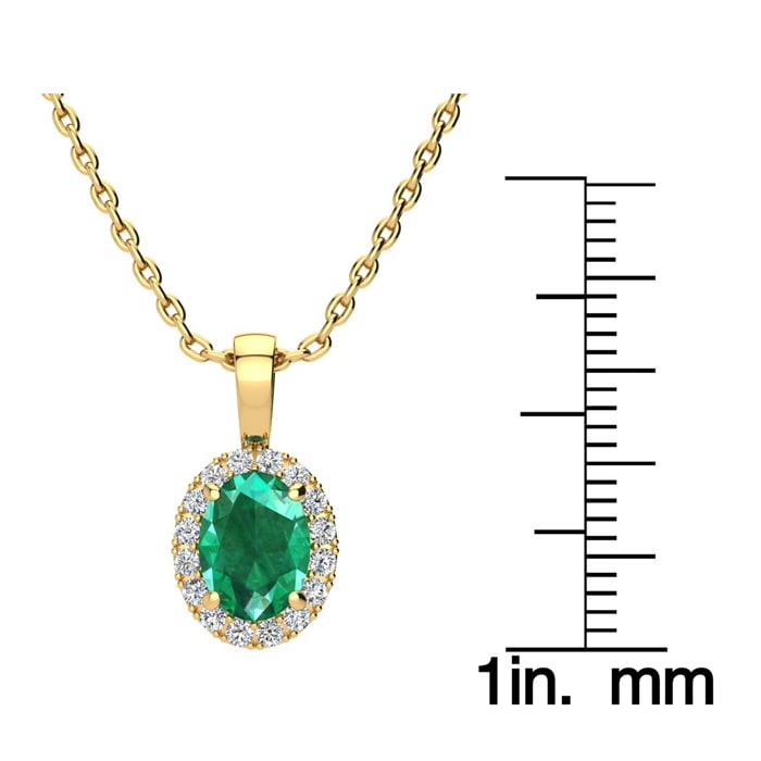 1-1/3 Carat Oval Shape Emerald Necklaces With Diamond Halo In 14 Karat Yellow Gold, 18 Inch Chain
