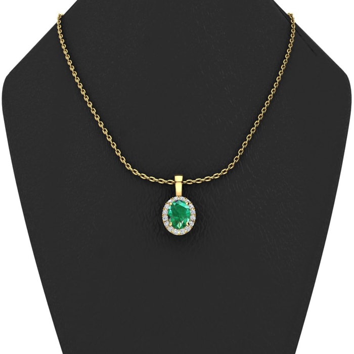 1-1/3 Carat Oval Shape Emerald Necklaces With Diamond Halo In 14 Karat Yellow Gold, 18 Inch Chain