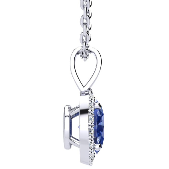 1 1/2 Carat Oval Shape Tanzanite and Halo Diamond Necklace In 14 Karat White Gold With 18 Inch Chain