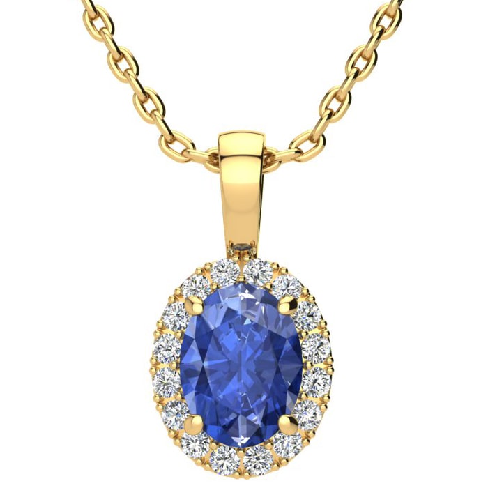 1 1/2 Carat Oval Shape Tanzanite and Halo Diamond Necklace In 14 Karat Yellow Gold With 18 Inch Chain
