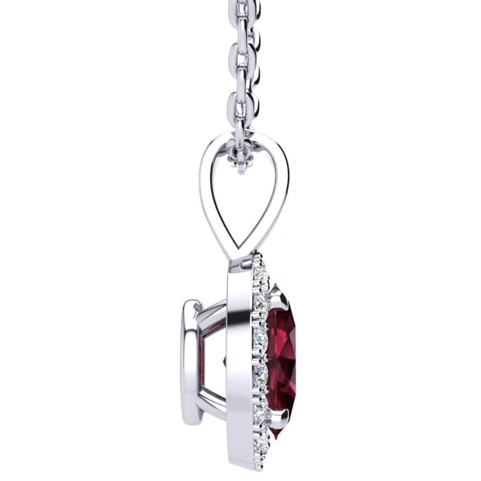 Garnet Necklace: Garnet Jewelry: 1 1/2 Carat Oval Shape Garnet and Halo Diamond Necklace In 14 Karat White Gold With 18 Inch Chain