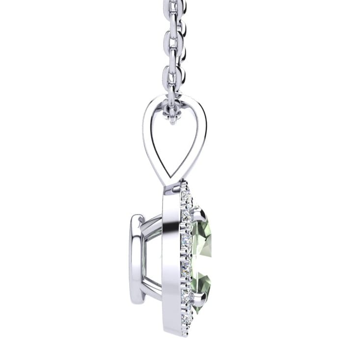 1 1/4 Carat Oval Shape Green Amethyst and Halo Diamond Necklace In 14 Karat White Gold With 18 Inch Chain