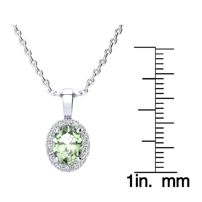 1 1/4 Carat Oval Shape Green Amethyst and Halo Diamond Necklace In 14 Karat White Gold With 18 Inch Chain