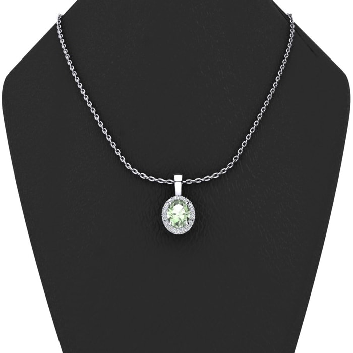 1 1/4 Carat Oval Shape Green Amethyst and Halo Diamond Necklace In 14 Karat White Gold With 18 Inch Chain