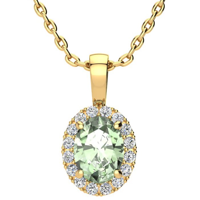 1 1/4 Carat Oval Shape Green Amethyst and Halo Diamond Necklace In 14 Karat Yellow Gold With 18 Inch Chain