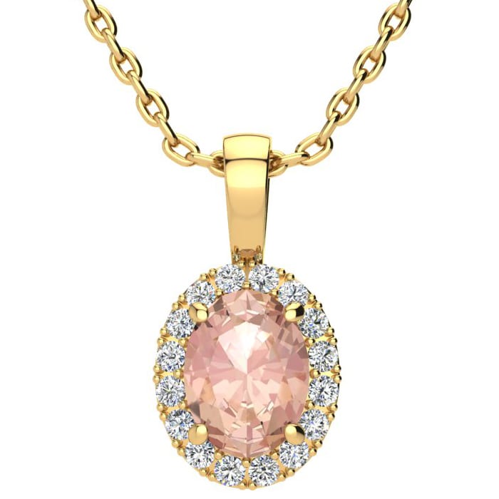 1-1/3 Carat Oval Shape Morganite Necklace with Diamond Halo In 14 Karat Yellow Gold With 18 Inch Chain