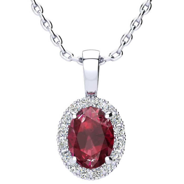 1 2/3 Carat Oval Shape Ruby and Halo Diamond Necklace In 14 Karat White Gold With 18 Inch Chain