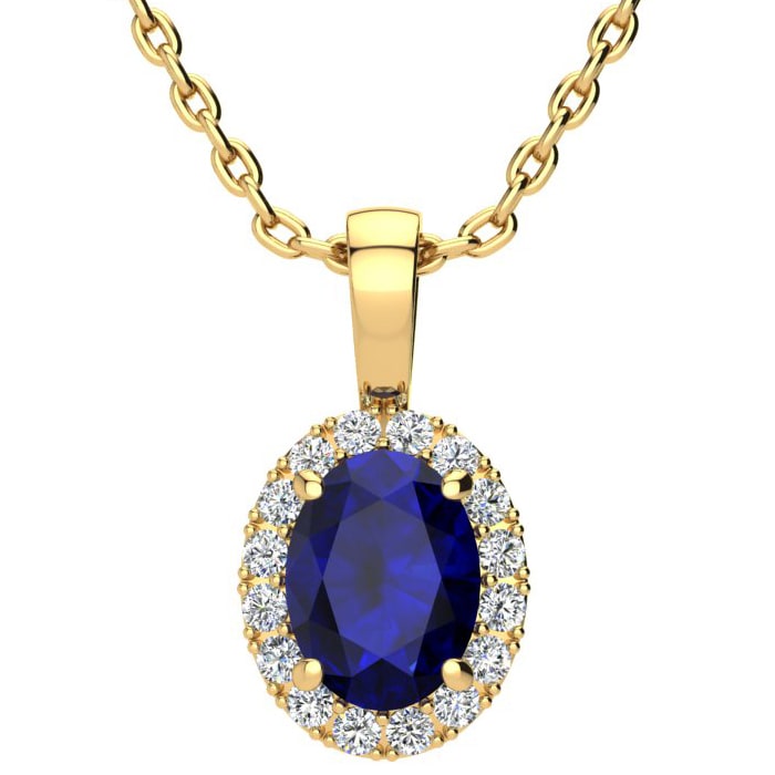 1 3/4 Carat Oval Shape Sapphire and Halo Diamond Necklace In 14 Karat Yellow Gold With 18 Inch Chain