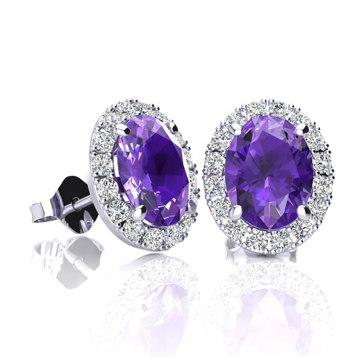 1 1/2 Carat Oval Shape Amethyst and Halo Diamond Stud Earrings In 14 Karat White Gold