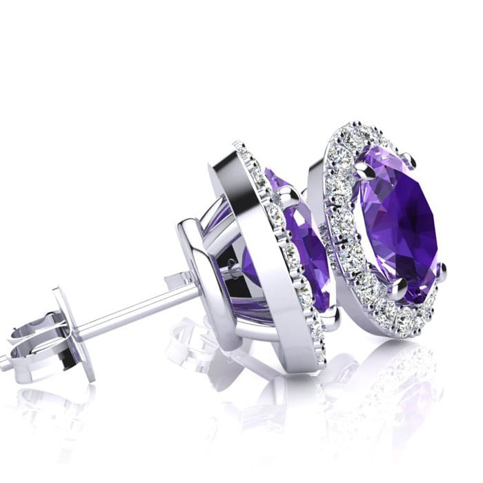 1 1/2 Carat Oval Shape Amethyst and Halo Diamond Stud Earrings In 14 Karat White Gold