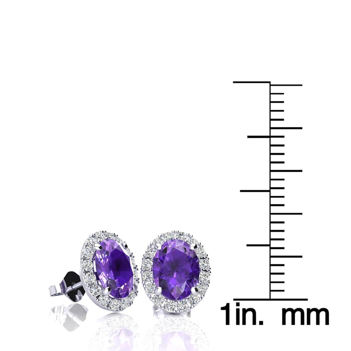 1 1/2 Carat Oval Shape Amethyst and Halo Diamond Stud Earrings In 14 Karat White Gold
