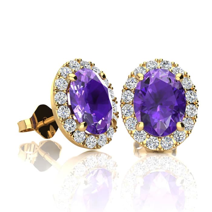 1 1/2 Carat Oval Shape Amethyst and Halo Diamond Stud Earrings In 14 Karat Yellow Gold