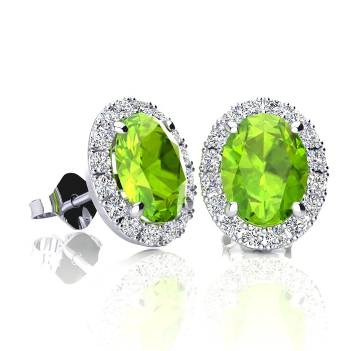 2 Carat Oval Shape Peridot and Halo Diamond Stud Earrings In 14 Karat White Gold