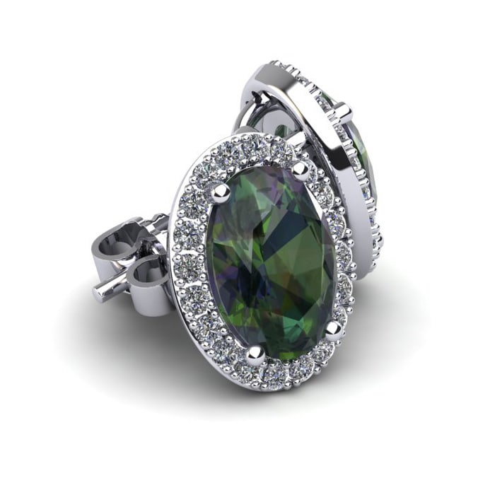 2 1/4 Carat Oval Shape Mystic Topaz and Halo Diamond Stud Earrings In 14 Karat White Gold