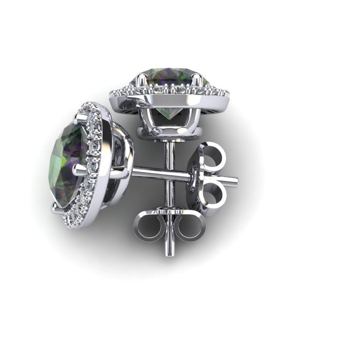 2 1/4 Carat Oval Shape Mystic Topaz and Halo Diamond Stud Earrings In 14 Karat White Gold