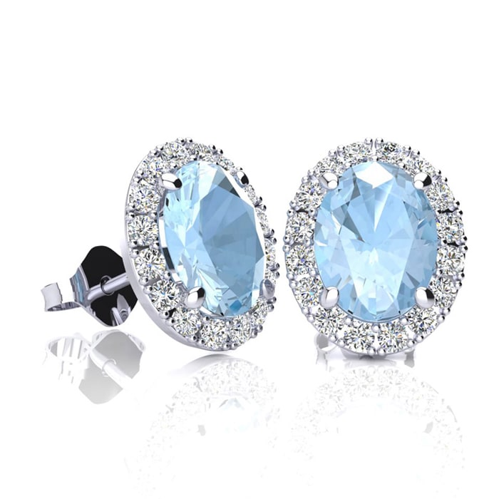 Aquamarine Earrings: Aquamarine Jewelry: 1 3/4 Carat Oval Shape Aquamarine and Halo Diamond Stud Earrings In 14 Karat White Gold