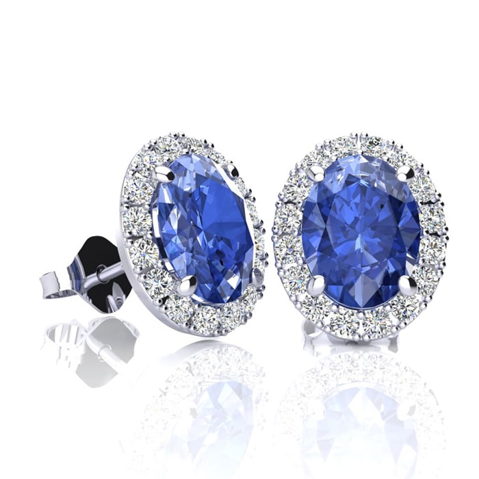 2 Carat Oval Shape Tanzanite and Halo Diamond Stud Earrings In 14 Karat White Gold