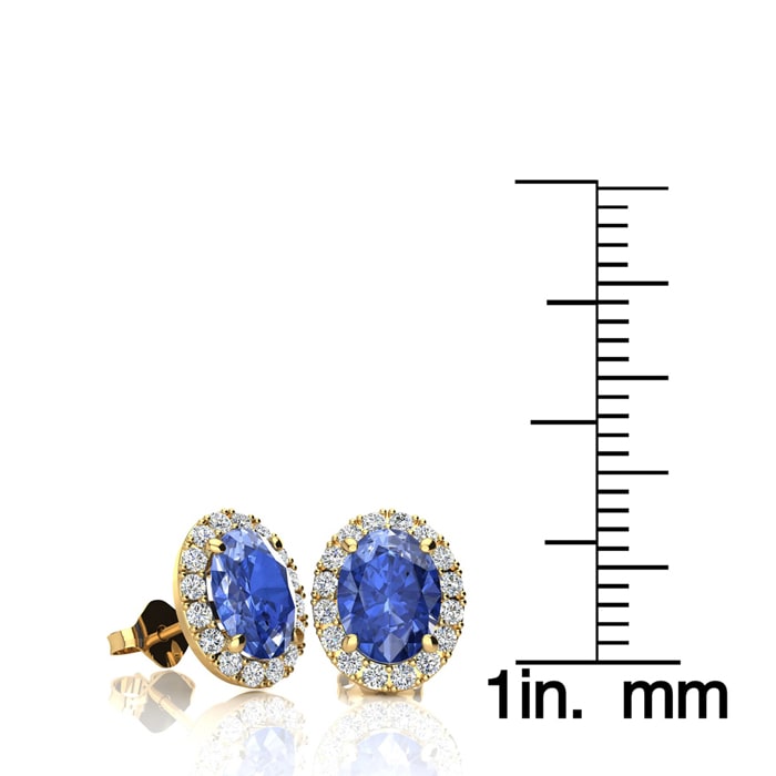 2 Carat Oval Shape Tanzanite and Halo Diamond Stud Earrings In 14 Karat Yellow Gold