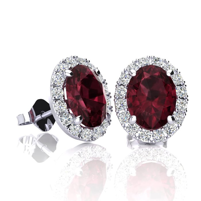 Garnet Earrings: Garnet Jewelry: 2 1/4 Carat Oval Shape Garnet and Halo Diamond Stud Earrings In 14 Karat White Gold
